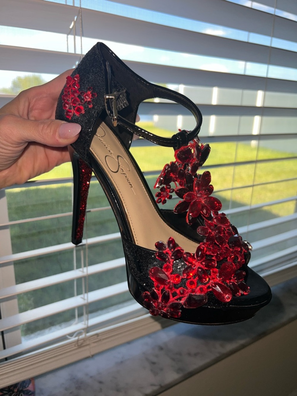 Jessica Simpson - Bansi- Black stilettos with Red Crystal Floral Accents